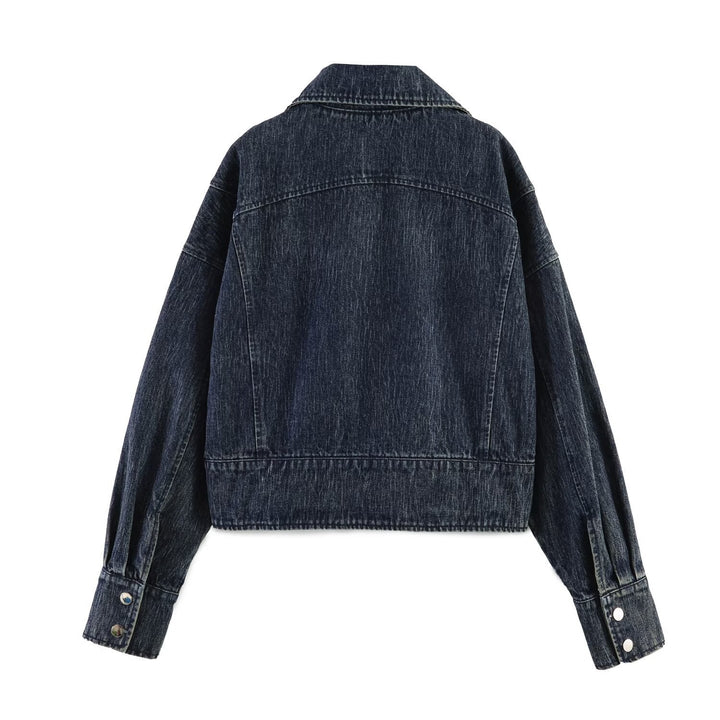Dam Oversize Denimjacka med Stora Shawl Krage och Used Effect