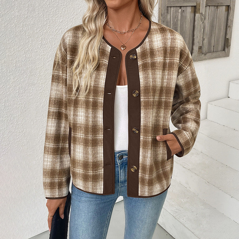 Dam Rutig Övergångsjacka med Round Neck, Contrast Kant och Knapplist