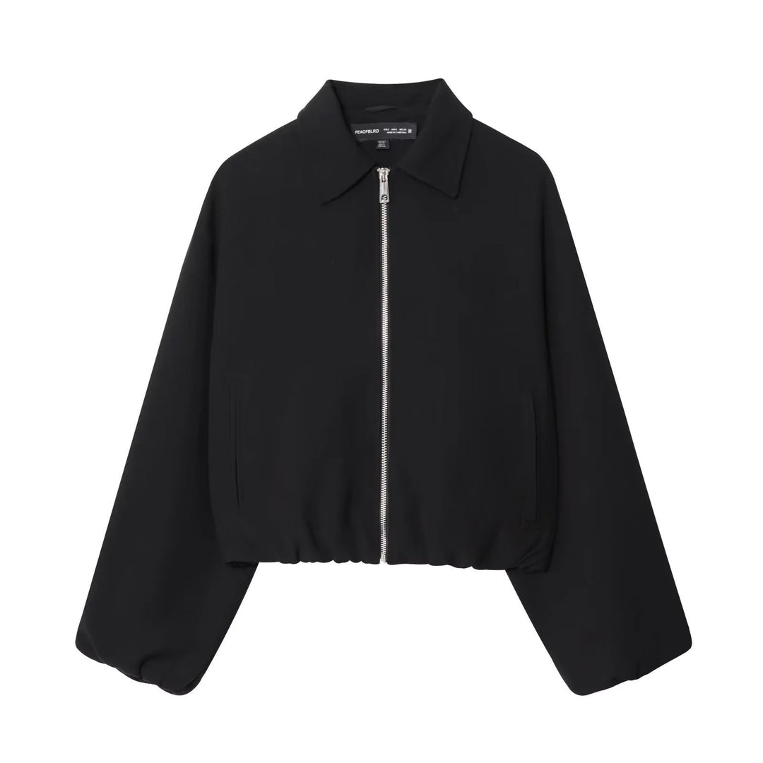 Dam cropped blousonjacka med skjortkrage, concealed metal dragkedja, och elastisk fåll