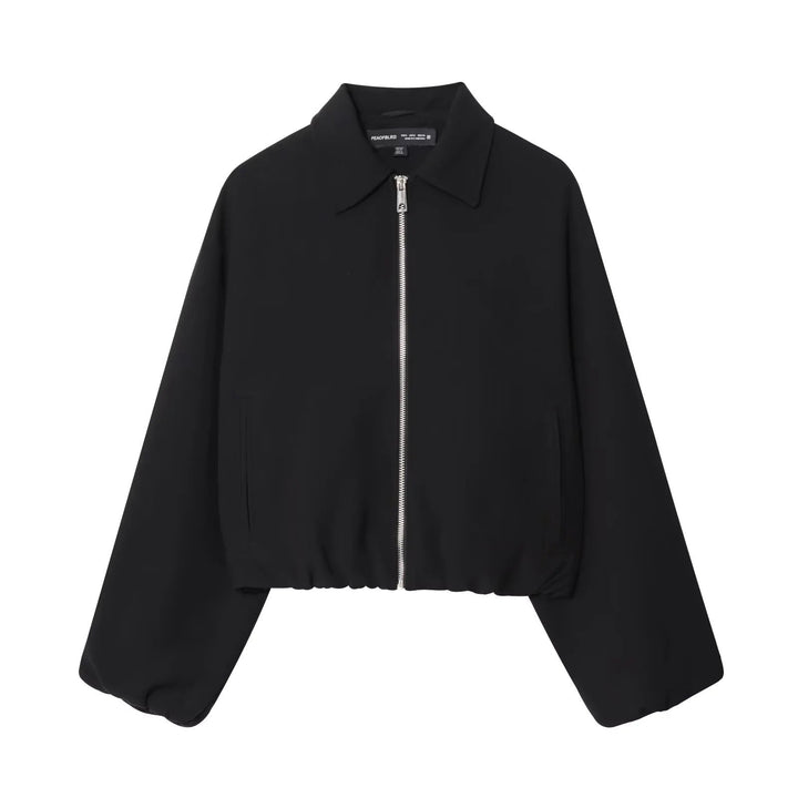 Dam cropped blousonjacka med skjortkrage, concealed metal dragkedja, och elastisk fåll