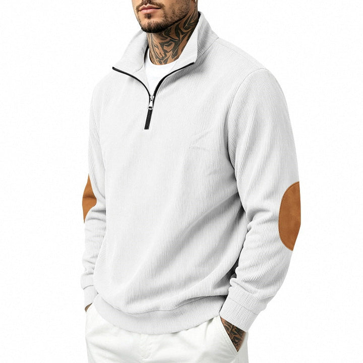 Herr Light Strukturerad Halv Dragkedja Pullover med Cord Elbow Lappar och Ståkrage