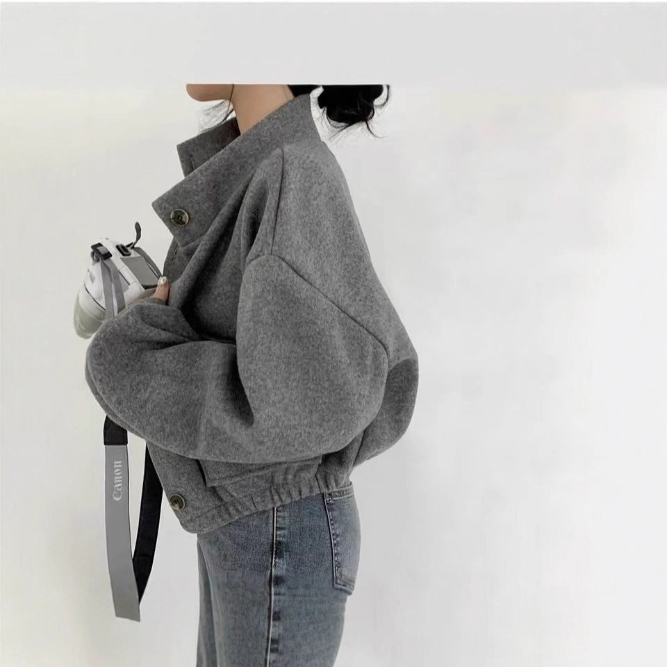 Dam kort oversized ull look jacka med Stand krage och Balloon ärmar
