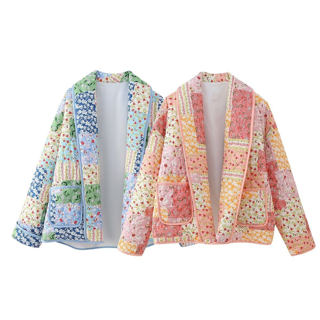 Dam non-quiltad patchwork quilt jacka med lapel krage och påsydda fickor