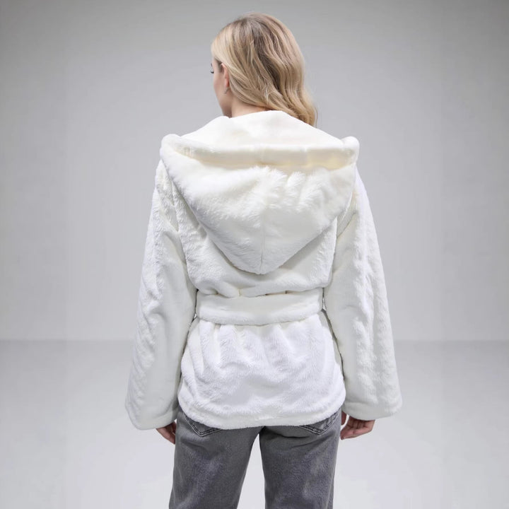 Dam Cozy Faux Fur kort jacka med Shawl huva och Bow Tie midjebälte