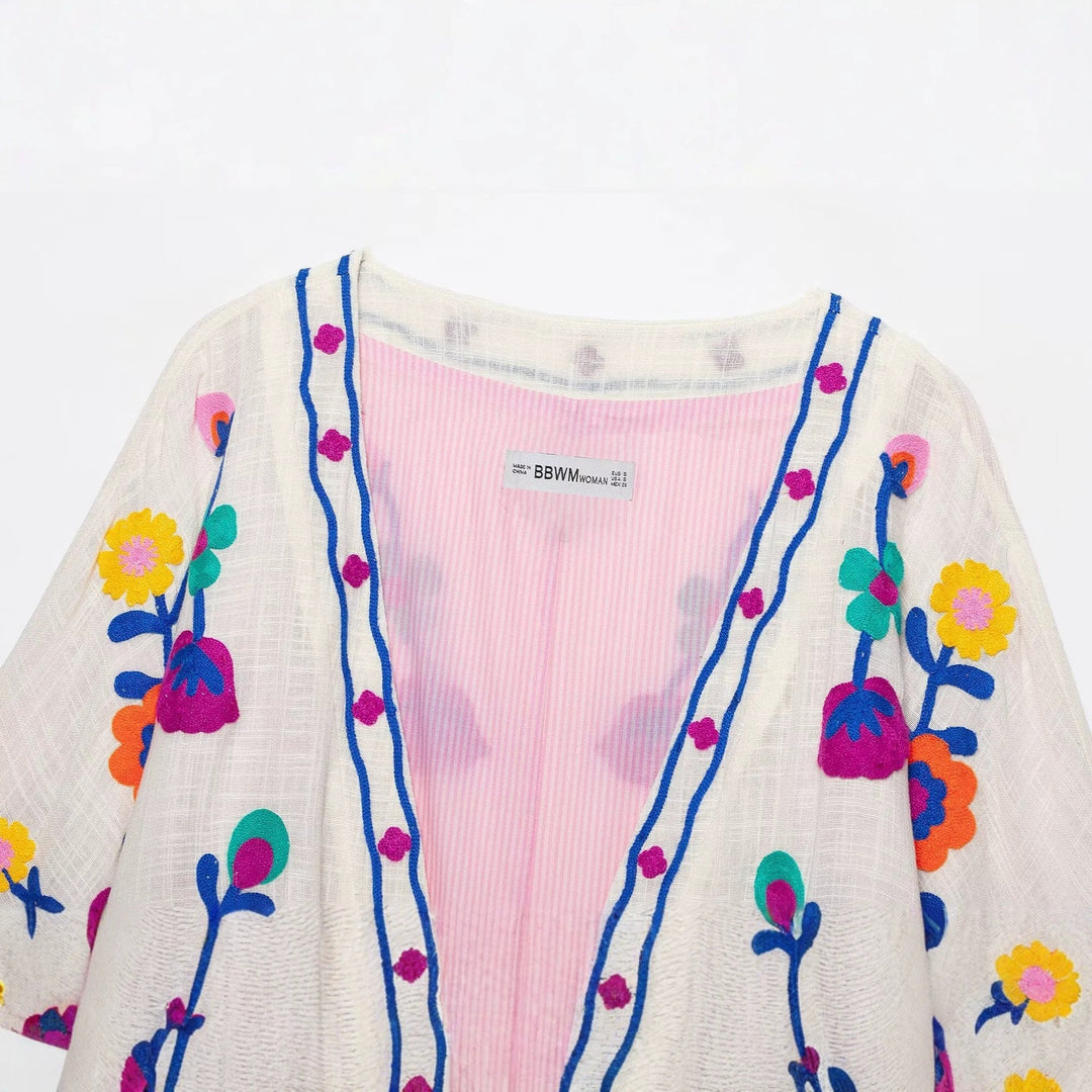 Dam Embroidered Kimono Jacka med Drawstring och Blommig Embroidery