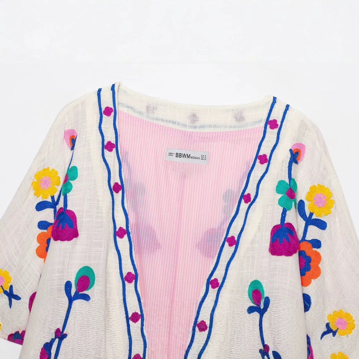 Dam Embroidered Kimono Jacka med Drawstring och Blommig Embroidery