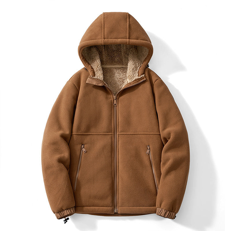 Herr Fleece Jacka med Huva med Teddy Foder, Zippered Fickor, och Adjustable Fåll