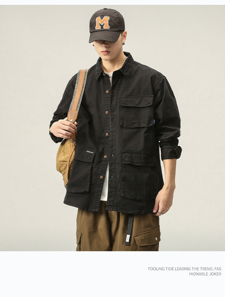 Herr Military-Inspired Fältjacka med Flera Fickor och Lös Passform