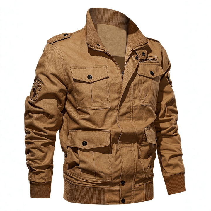 Herr Military-Inspired Canvas Fältjacka med Axelklaffar och Multifunktionell Fickor