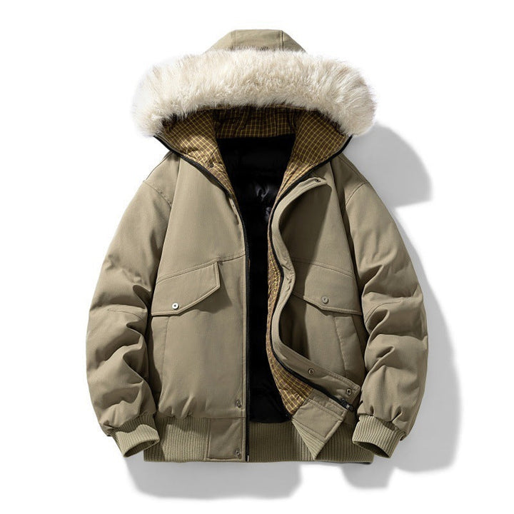 Herr kort parka med vadderad foder, avtagbar huva, och utanpåfickor
