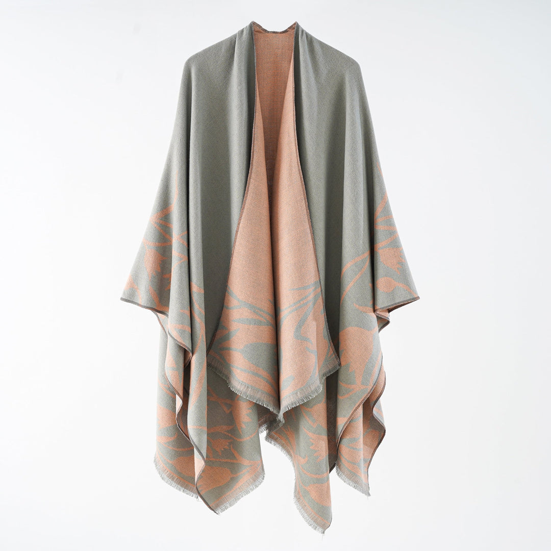 Dam Reversible oversized capeponcho tillverkad av ullblandning med Floral Jacquard Weaving