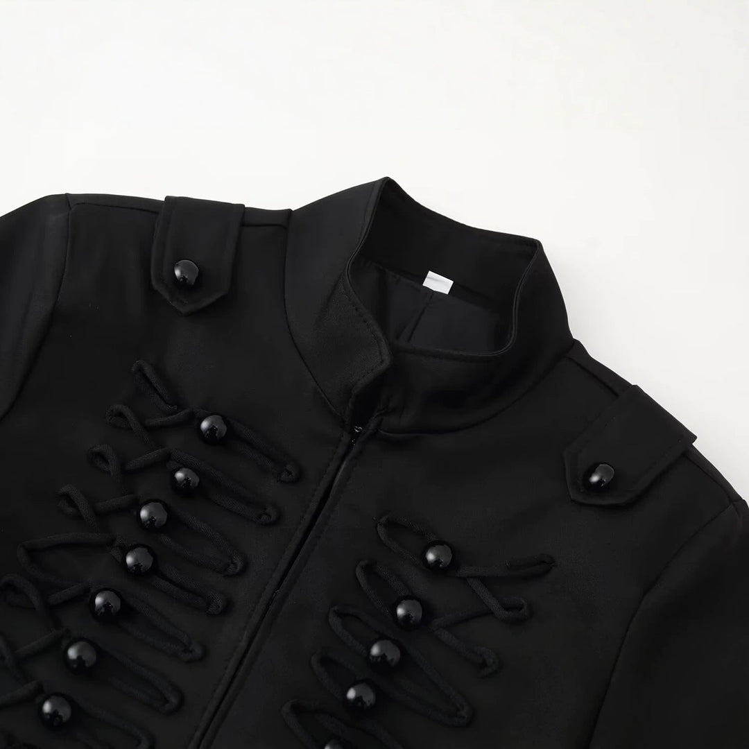 Dam Kort Uniform-Inspired Jacka med Stå Krage och Dekorativ Cord Applications