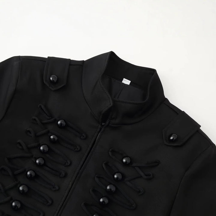 Dam Kort Uniform-Inspired Jacka med Stå Krage och Dekorativ Cord Applications