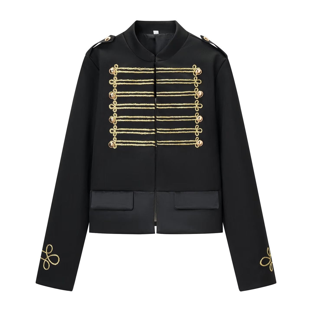 Dam Military Inspired Kort Jacka med Guld Cord Application och Stå Krage