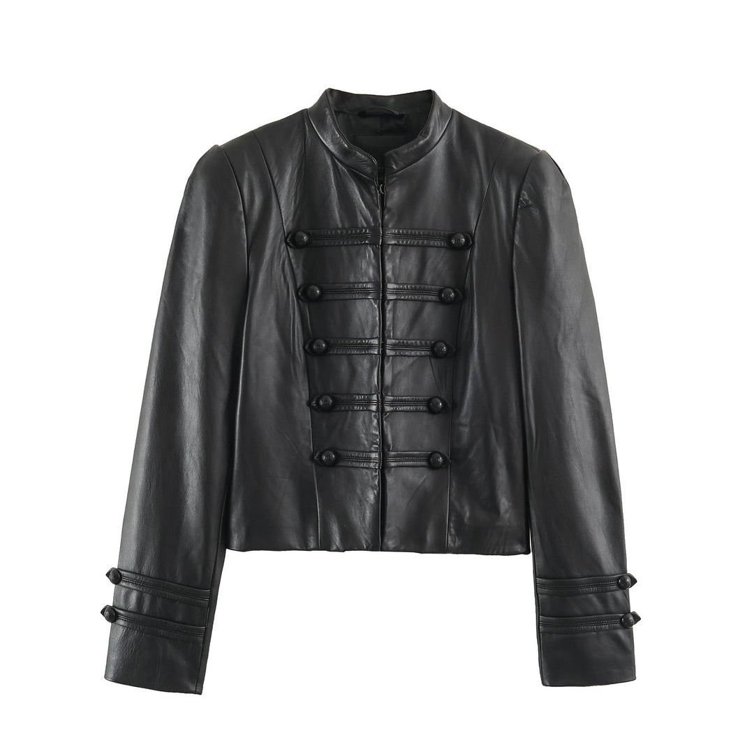 Dam Kort Jacka i Läderlook i Military-Inspired Design med Stå Krage och Dekorativ Knappar