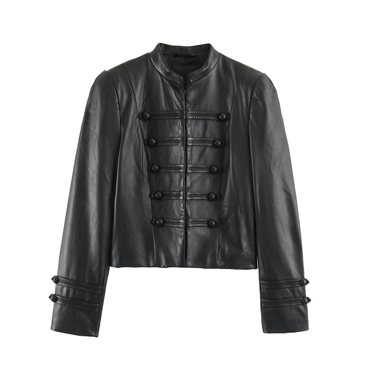 Dam Kort Jacka i Läderlook i Military-Inspired Design med Stå Krage och Dekorativ Knappar