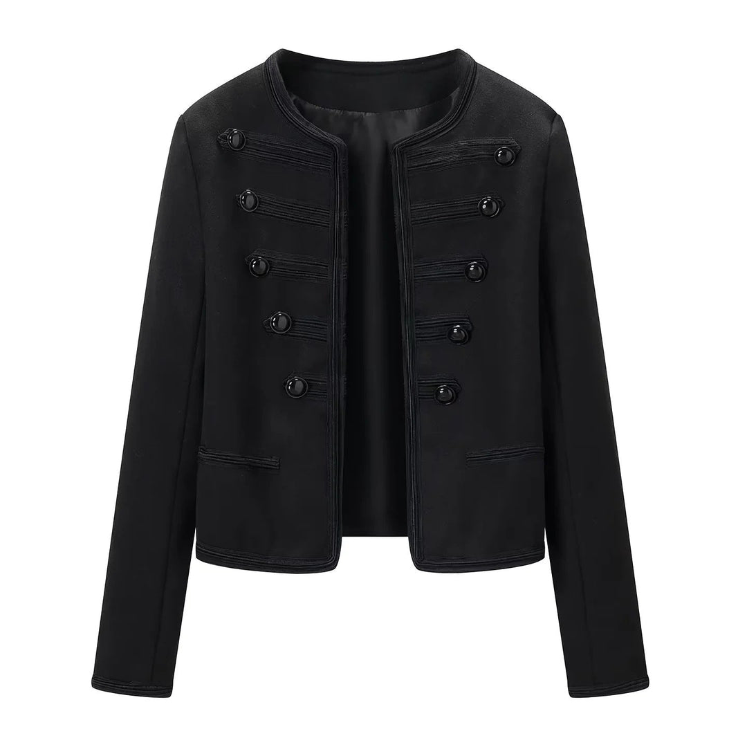 Dam kort-skärning military blouse jacka med round neckline, decorative manchester kanter, och glansig ball knappar