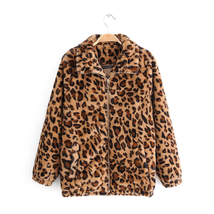 Dam faux fur jacka med leopard tryck, hel zip och elastic fåll