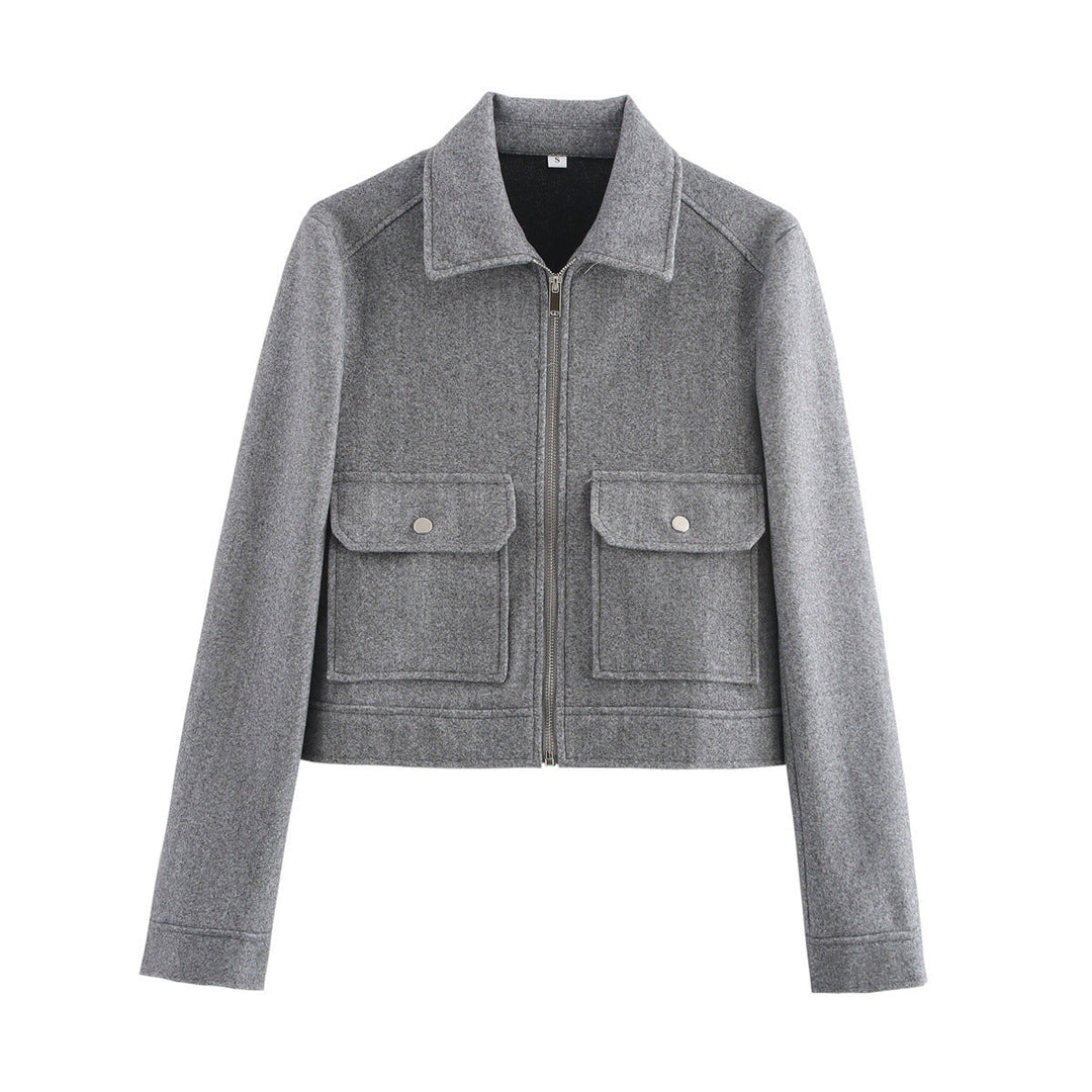 Dam kort-skärning ull look blousonjacka med continuous dragkedja och patch flap fickor
