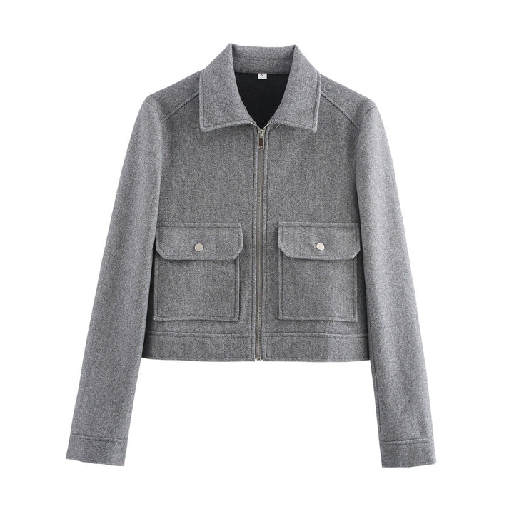 Dam kort-skärning ull look blousonjacka med continuous dragkedja och patch flap fickor