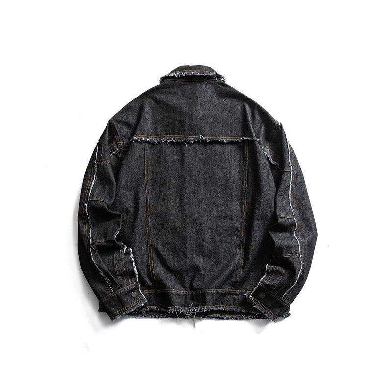Herr oversize Jeans Jacka med Frayed Edges och Large fickor med lock
