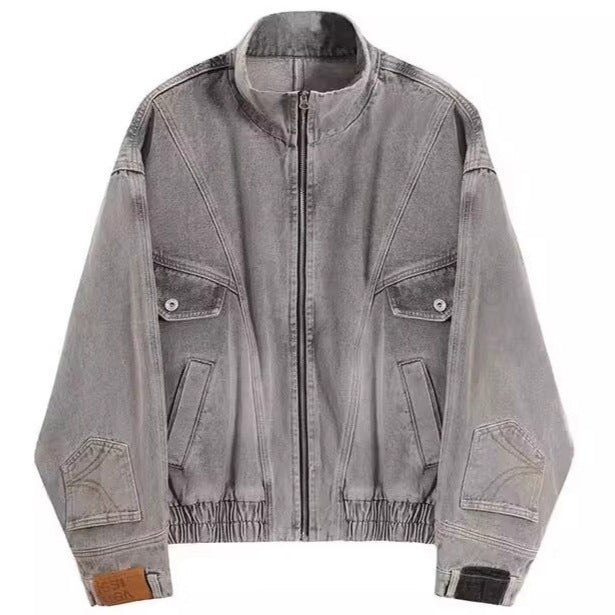 Dam oversize denimjacka med ståkrage, dragkedja och Elastic fåll