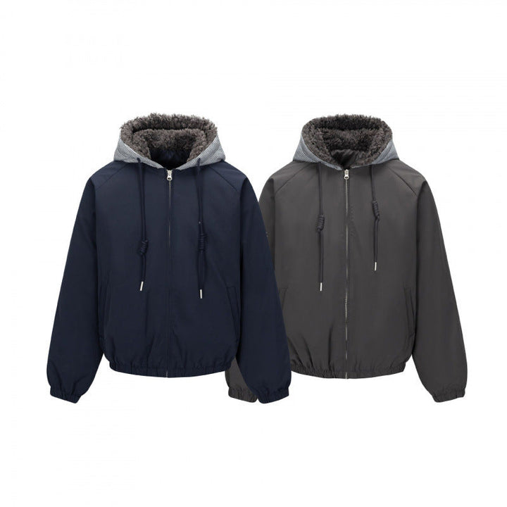 Herr vadderad hoodiejacka i Bomber Stil med teddyfoder och elastisk fåll