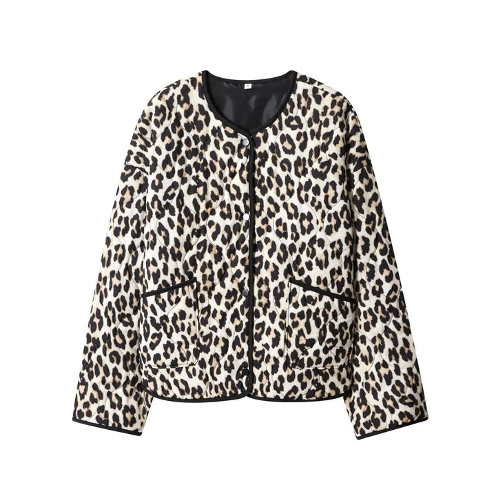 Dam non-quiltad kort jacka med djurprint, round neckline och snap knäppning