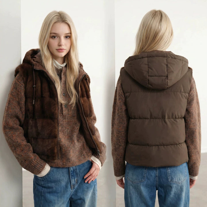 Dam Reversible plysch och quiltad väst med huva och Two-Way dragkedja