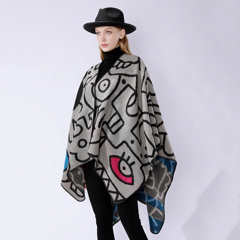 Dam oversized poncho i artistic tryck med two-tone edge processing och asymmetrical pointed fåll