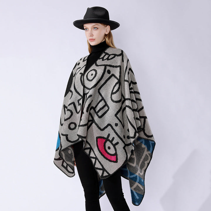 Dam oversized poncho i artistic tryck med two-tone edge processing och asymmetrical pointed fåll