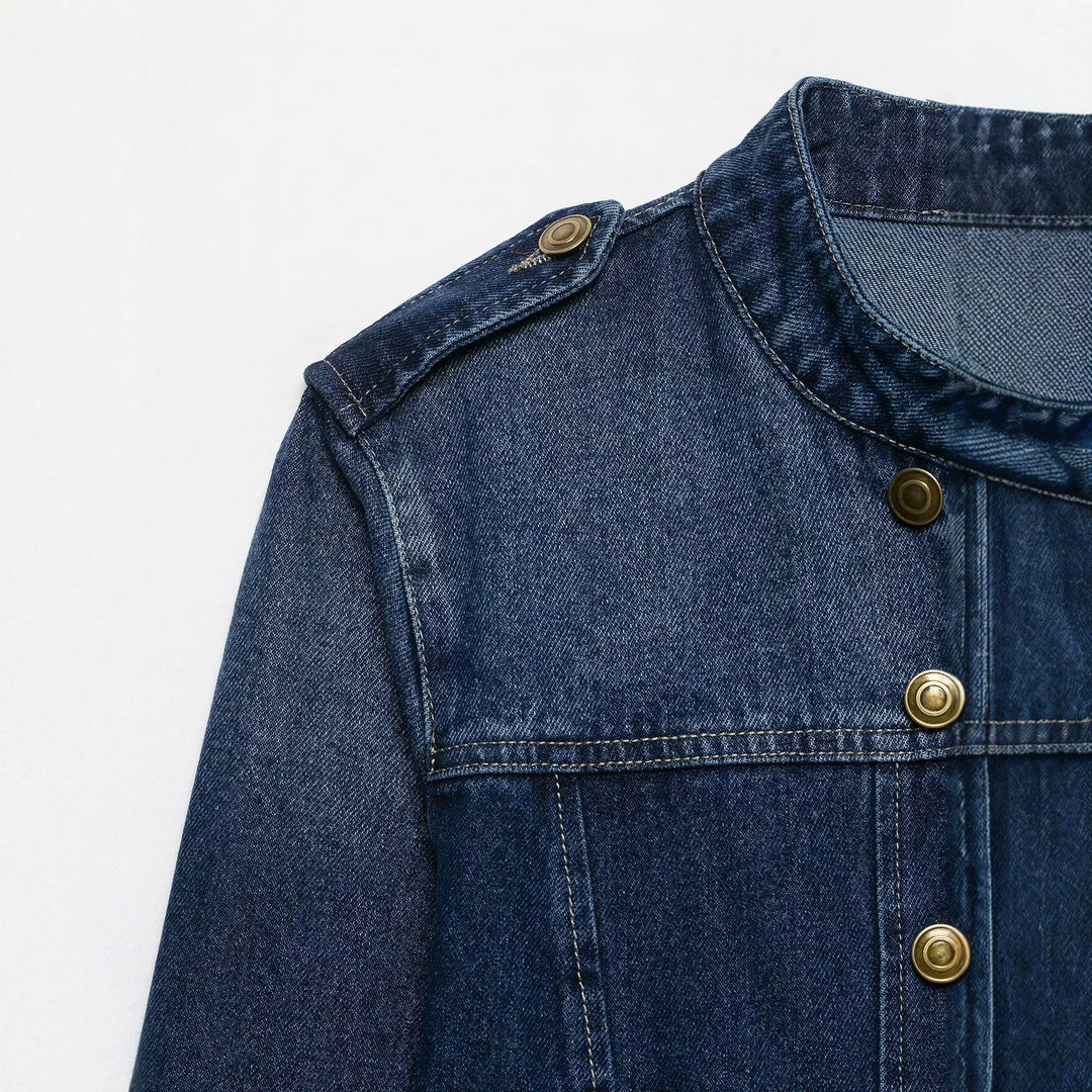 Dam Kort Skärning Denimjacka i Military Stil med Stå Krage