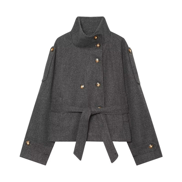 Dam Kort Cape Tillverkad av Ull Blend med Hög Stå Krage, Double-Breasted och Tie Belt