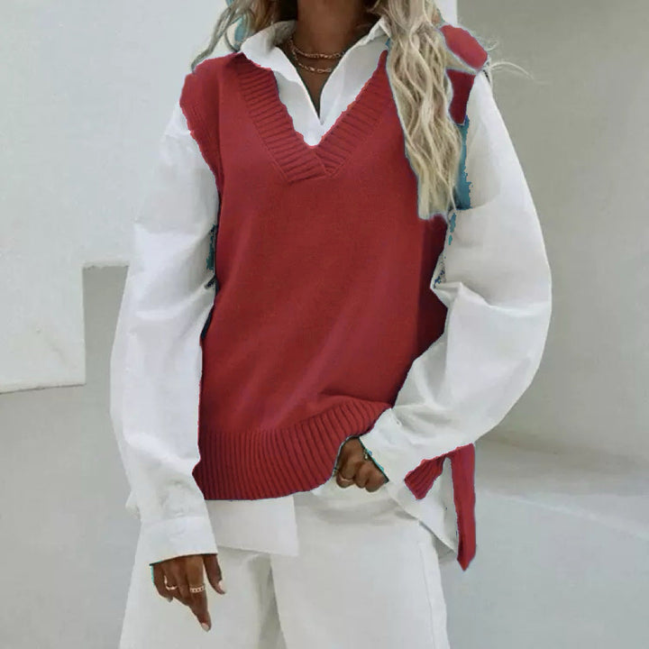 Dam Sleeveless stickad väst med V-Neck och Side Slits
