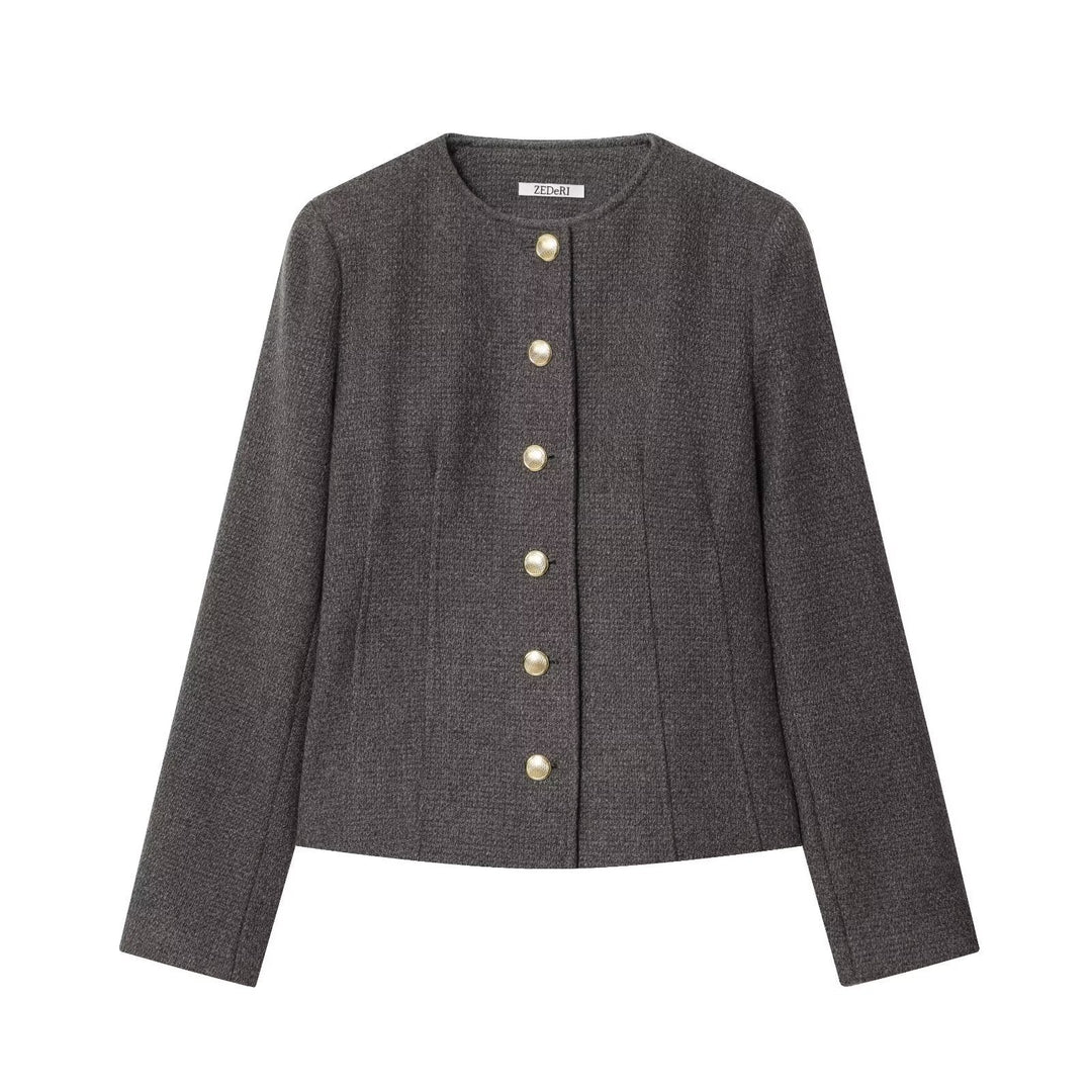 Dam Kort Bouclé Blazer Jacka med Round Neckline och Guld Knappar