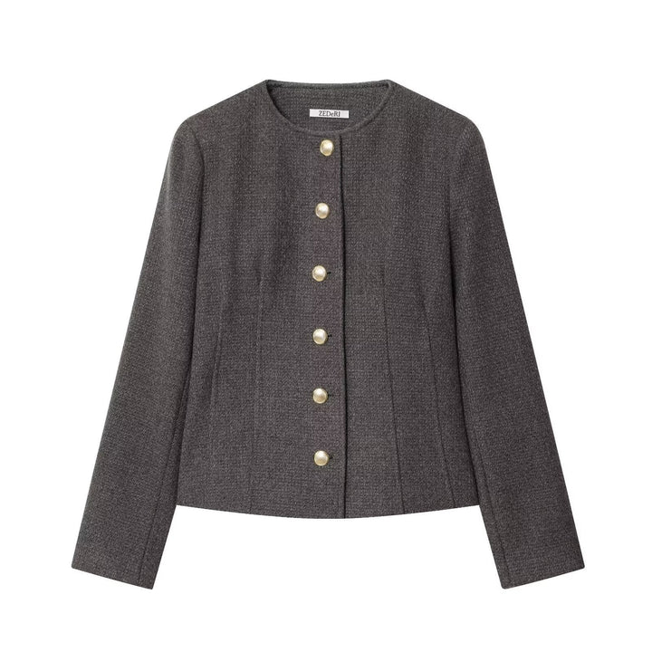 Dam Kort Bouclé Blazer Jacka med Round Neckline och Guld Knappar