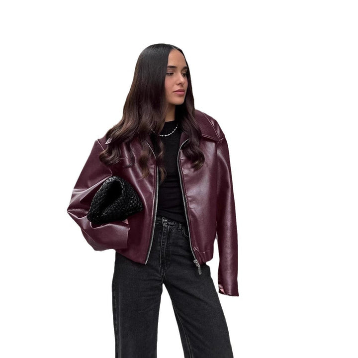 Dam kort oversize konstläder jacka med skjortkrage och Elastic fåll