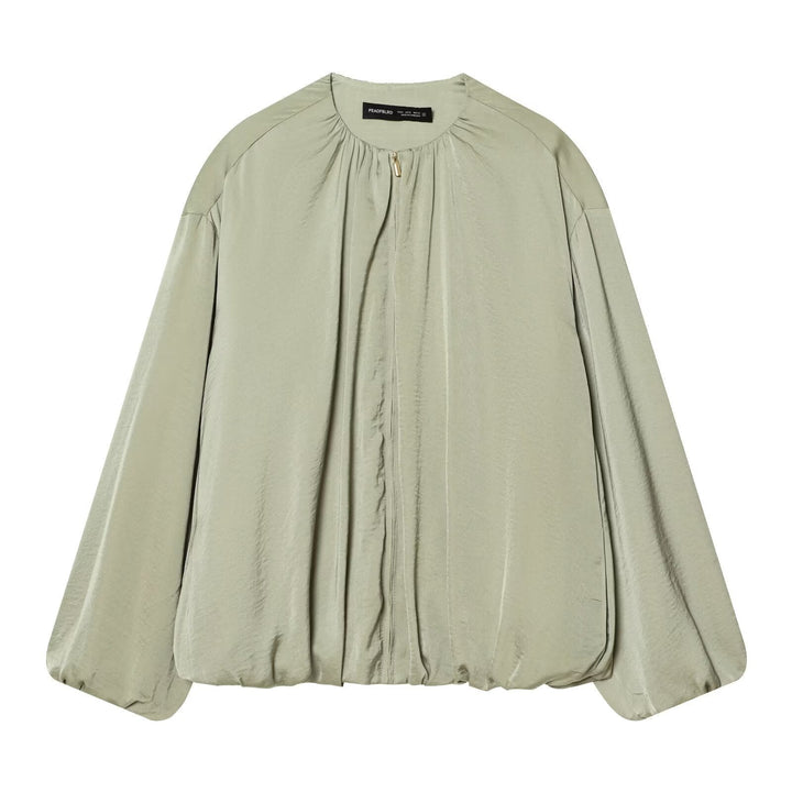 Dam lätt kort Blouson jacka med Round Neck, Balloon ärmar, och fåll med dragsko