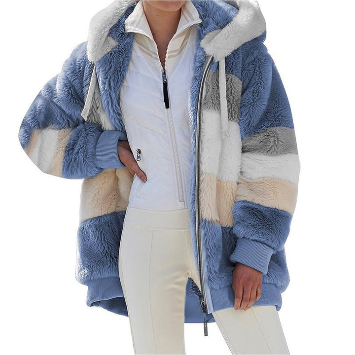 Dam mysig oversized faux pälsjacka med huva, block stripes och ribbstickade muddar