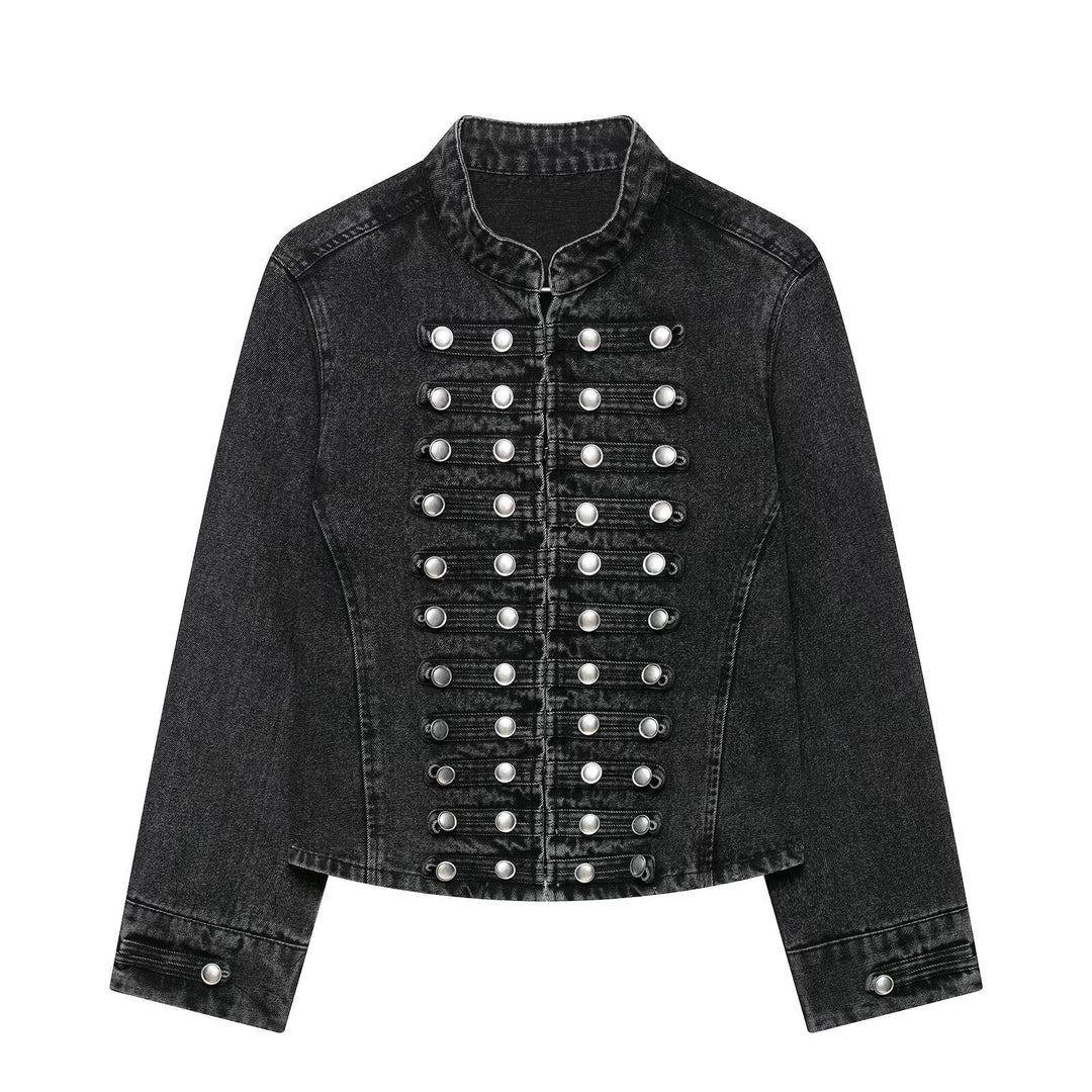 Dam Tailored Denim Blazer Jacka i Military Inspired Marshal Stil med Dekorativ Knapp Knäppning