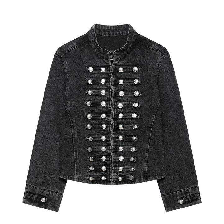 Dam Tailored Denim Blazer Jacka i Military Inspired Marshal Stil med Dekorativ Knapp Knäppning