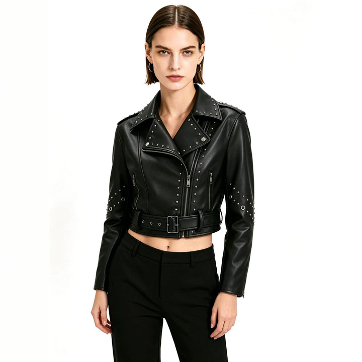 Dam kort konstläder bikerjacka med Studded Accents och vid midjebälte