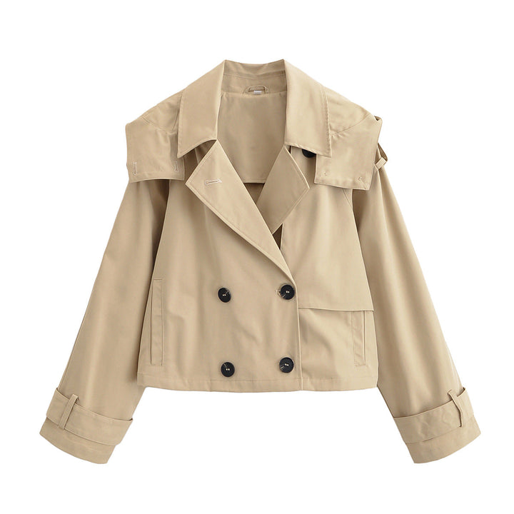 Dam 10+ Kort Skärning Trench Blouson med Double-Breasted Knapp Knäppning och Shoulder Patch