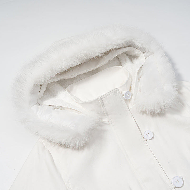 Dam kort jacka med vadderad foder, huva med faux fur trim och ribbed fåll