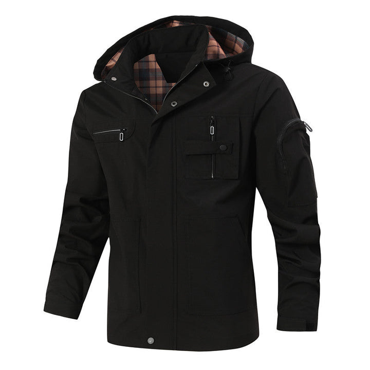 Herr Vindtät Softshell Jacka med Huva, Rutig Innerfoder och Multifunktionell Fickor