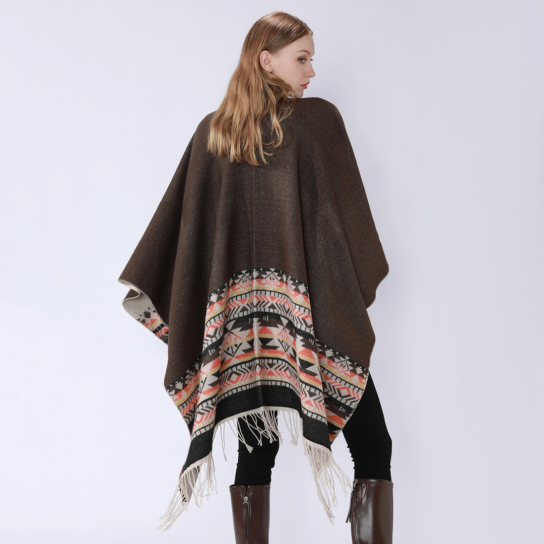 Dam V-krage Wrap poncho i kimono stil med Ethno kant och fransfåll