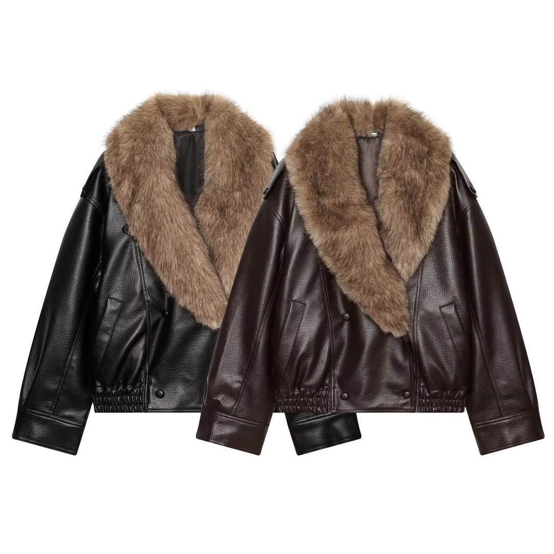 Dam kort skärning Biker läder jacka med Voluminous Faux Fur Shawl krage
