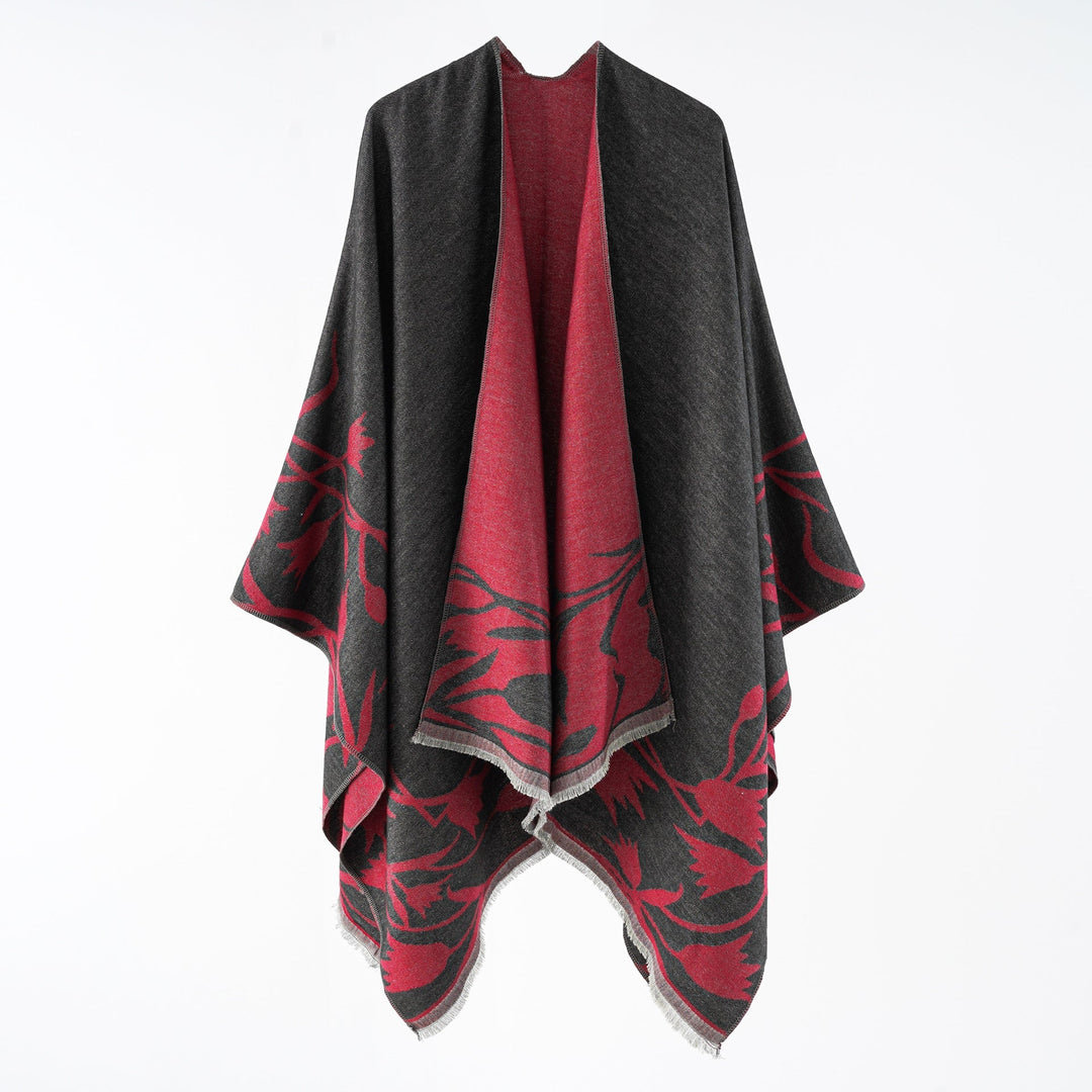 Dam Reversible oversized capeponcho tillverkad av ullblandning med Floral Jacquard Weaving