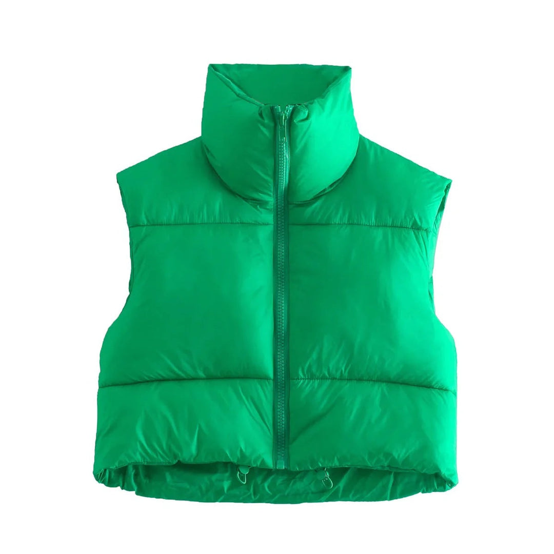 Dam Kort Quiltad Väst med Hög Stå Krage, Lätt Puffer Look och Justerbar Nederkant