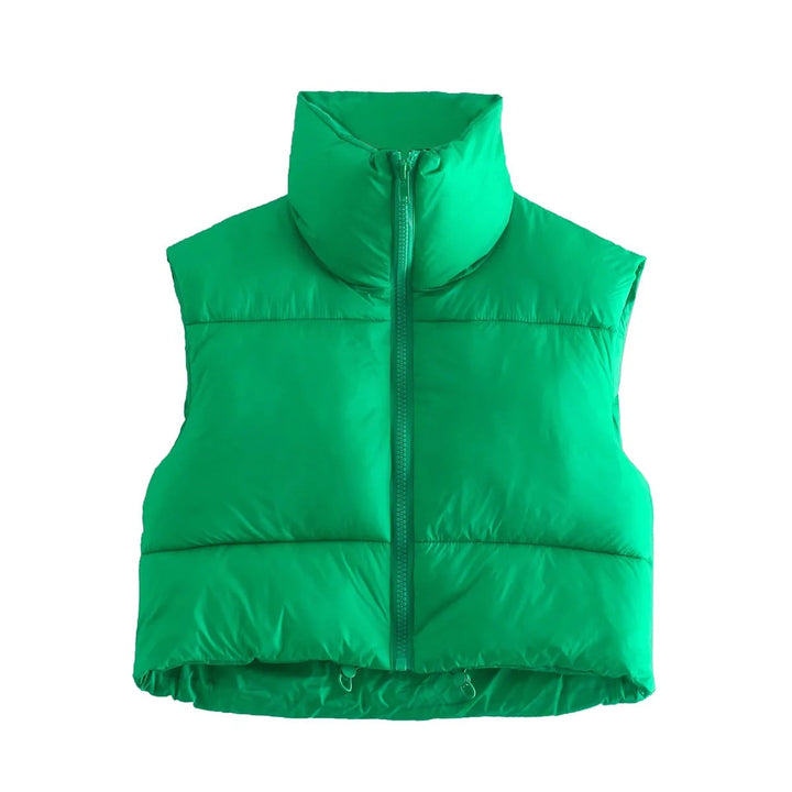 Dam Kort Quiltad Väst med Hög Stå Krage, Lätt Puffer Look och Justerbar Nederkant